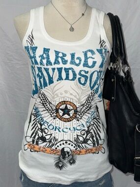 Harley-Davidson White Tank with Blue & Orange Motorcycle Graphic